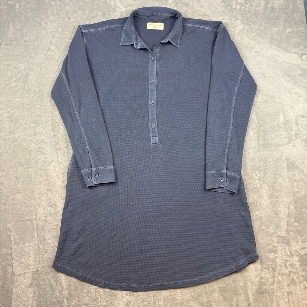 The Normal Brand Waffle Knit Henley Shirt Mini Dress Blue Women’s Small